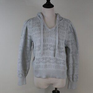 LC Lauren Conrad Blue Crochet Hooded Sweater L Boho Cottagecore Knit Pullover